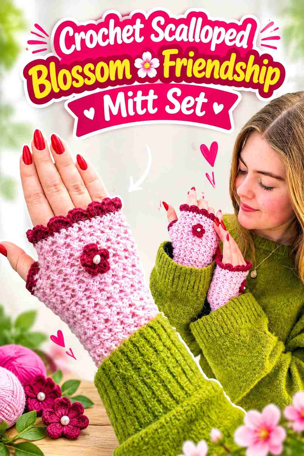 7. Crochet Scalloped Blossom Friendship Mitt Set