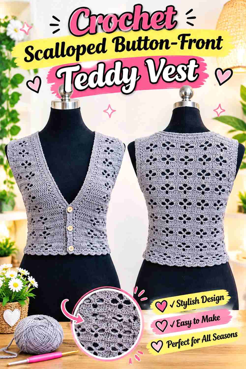 14. Crochet Scalloped Button-Front Teddy Vest