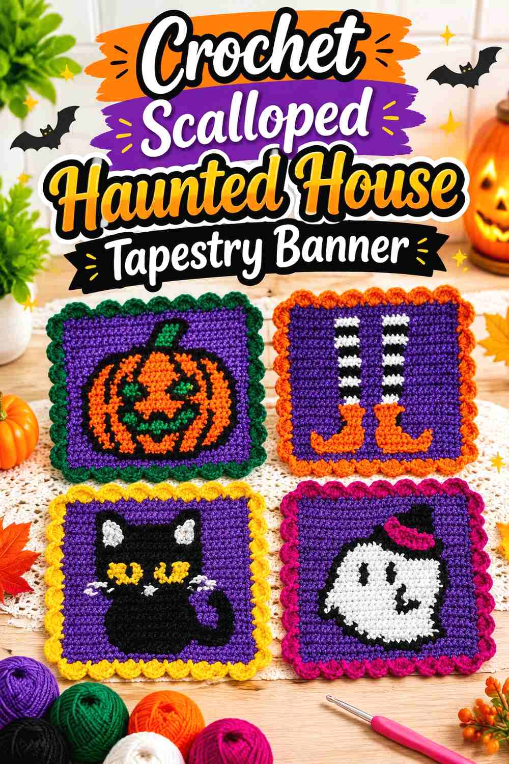 2. Crochet Scalloped Haunted House Tapestry Banner