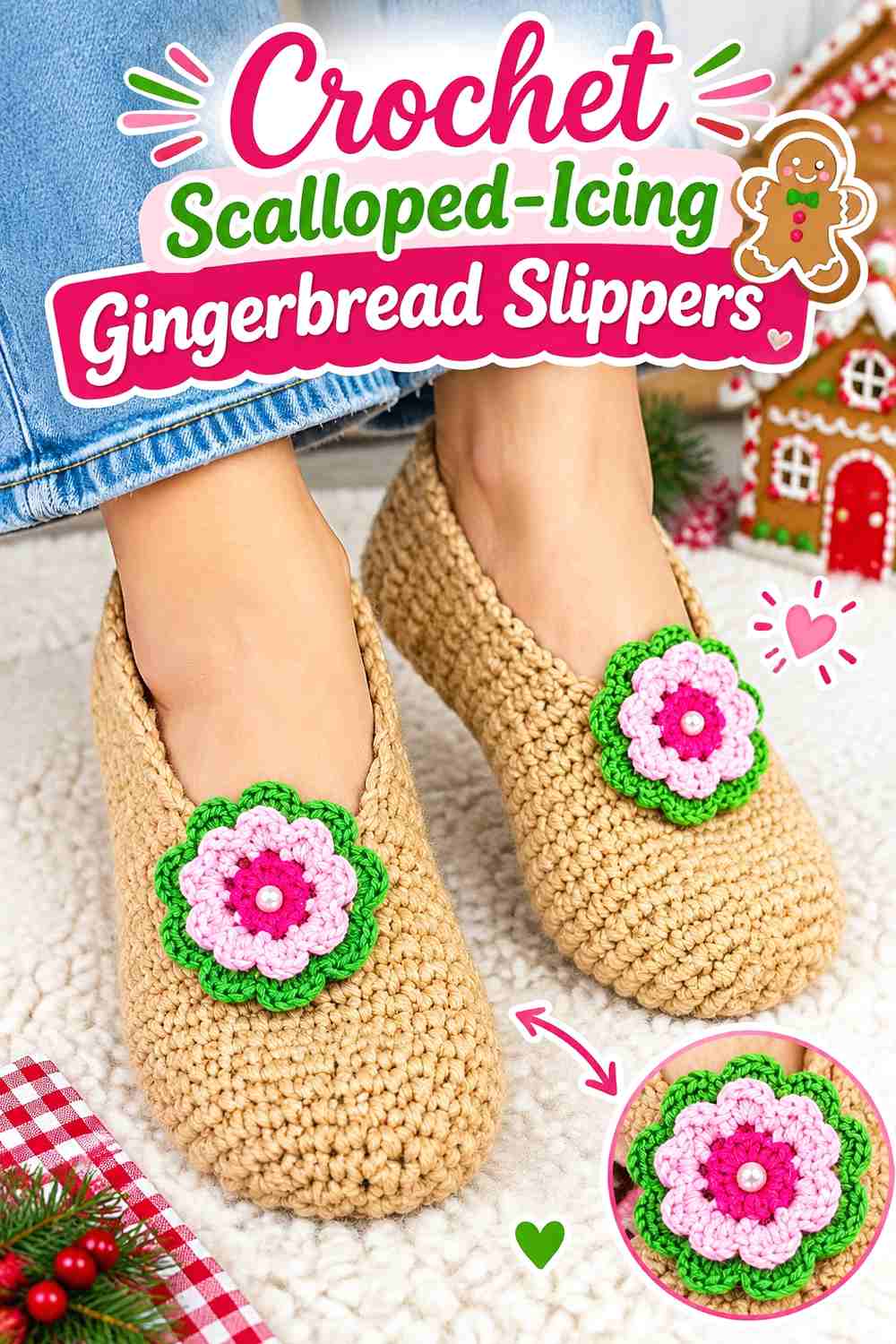 11. Crochet Scalloped-Icing Gingerbread Slippers