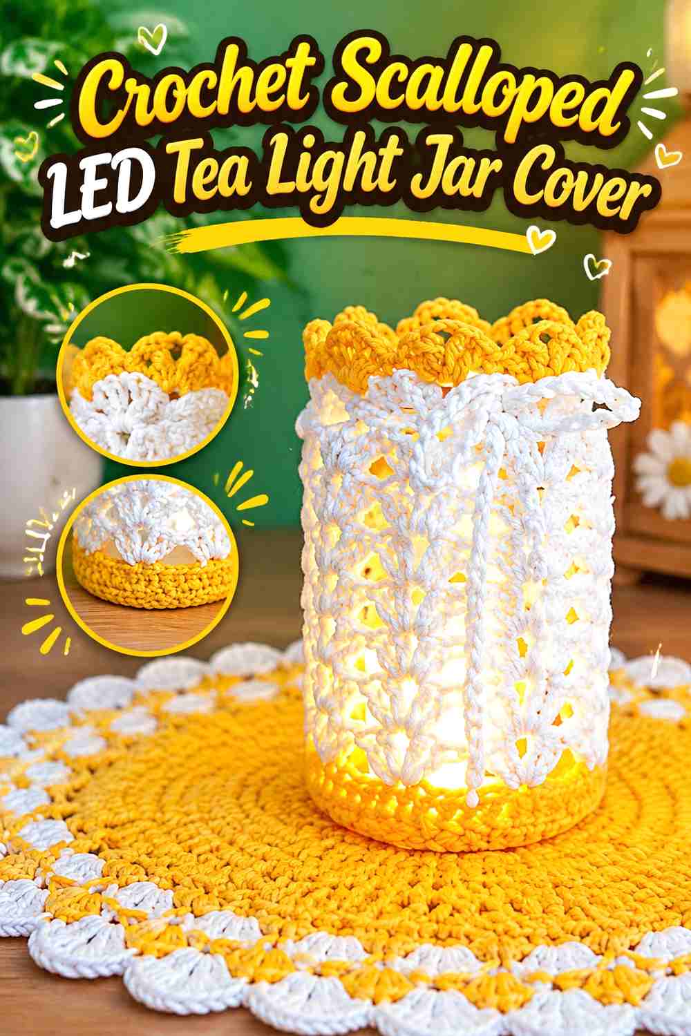 16. Crochet Scalloped LED Tea Light Jar Cover