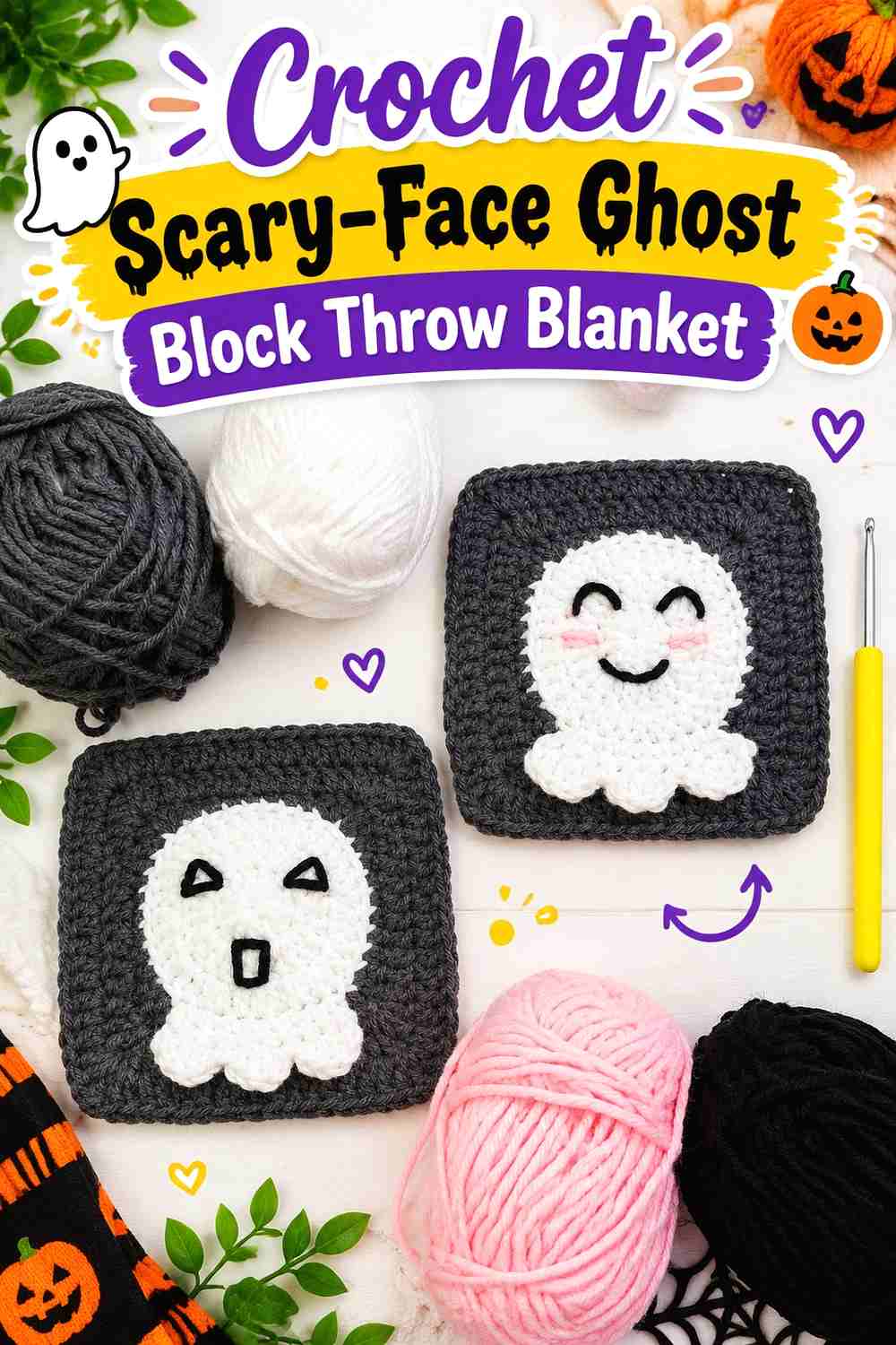 14. Crochet Scary-Face Ghost Block Throw Blanket