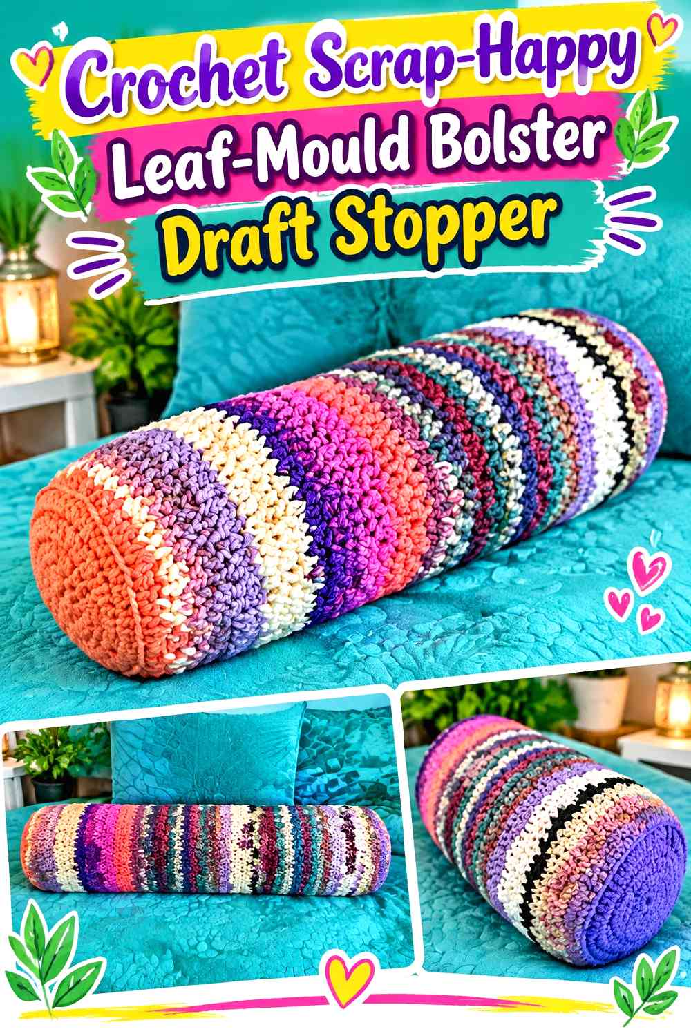 11. Crochet Scrap-Happy Leaf-Mould Bolster Draft Stopper