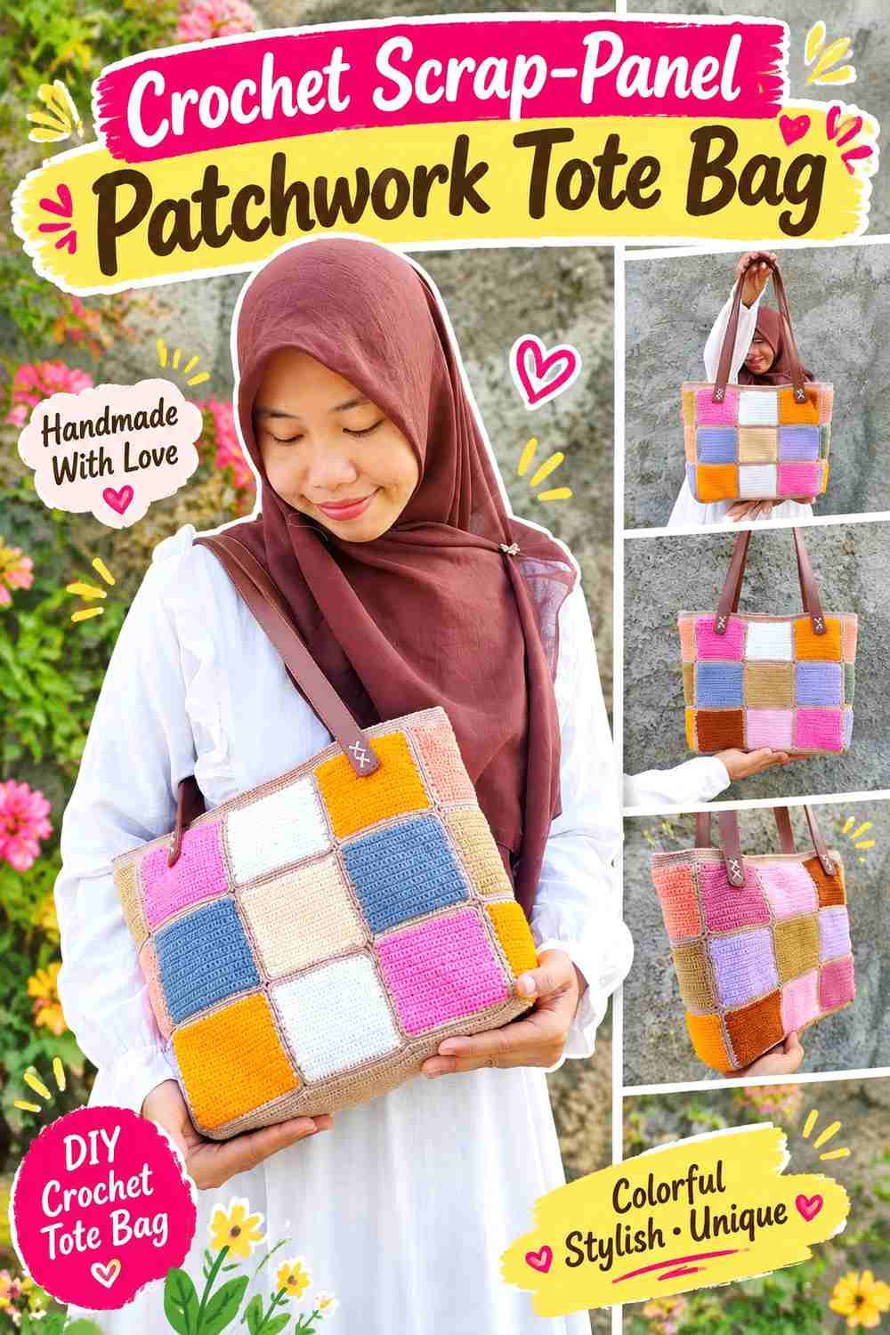 10. Crochet Scrap-Panel Patchwork Tote Bag