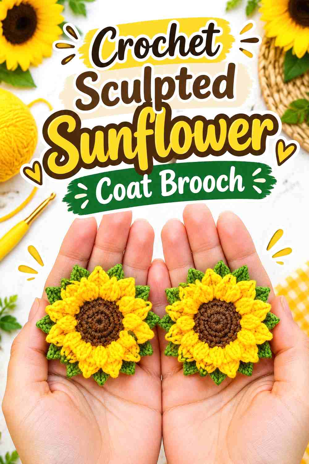 1. Crochet Sculpted Sunflower Coat Brooch