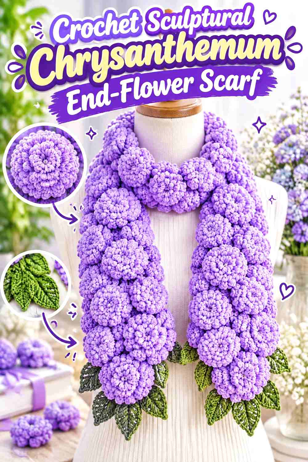 8. Crochet Sculptural Chrysanthemum End-Flower Scarf