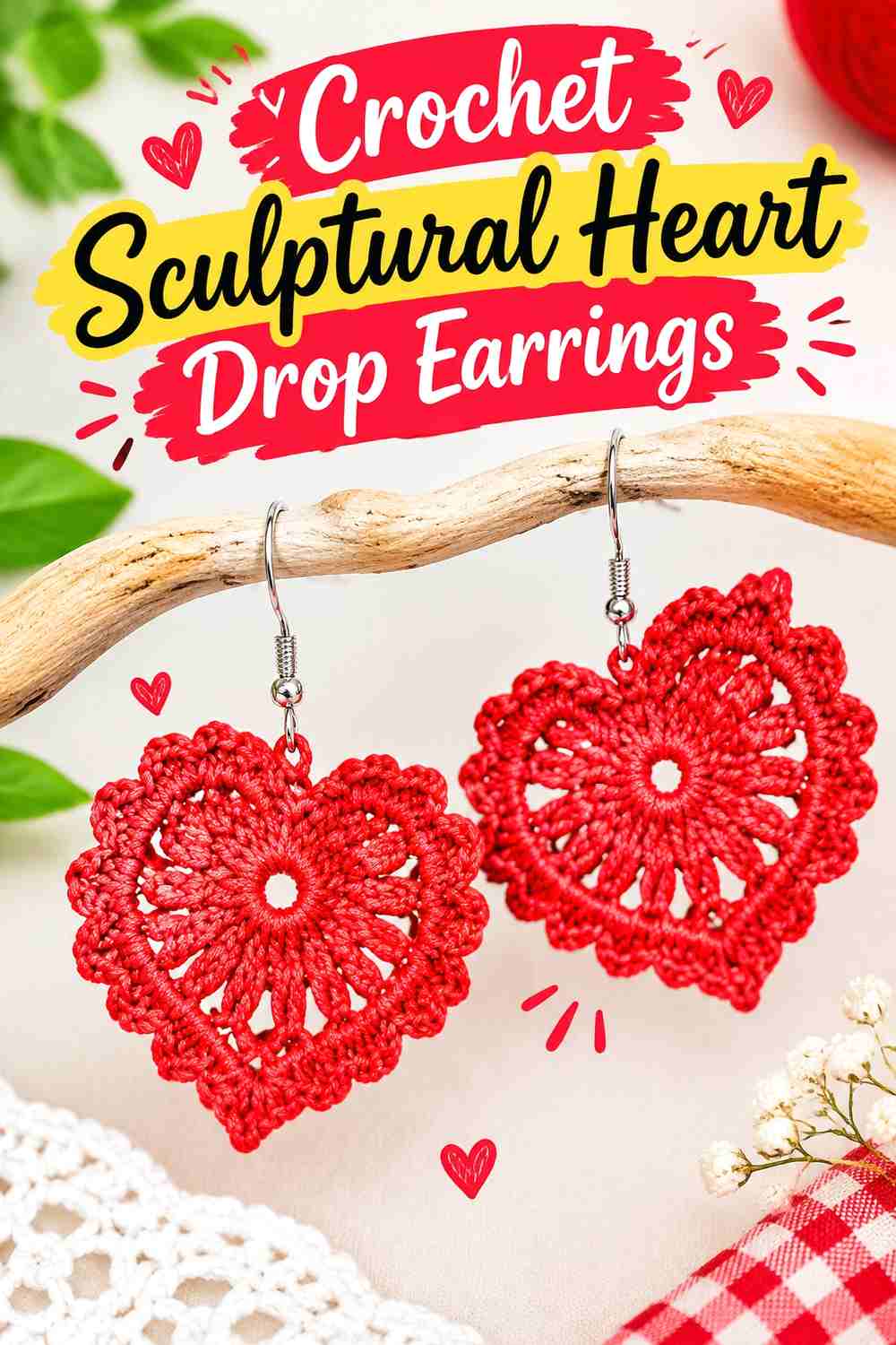 9. Crochet Sculptural Heart Drop Earrings