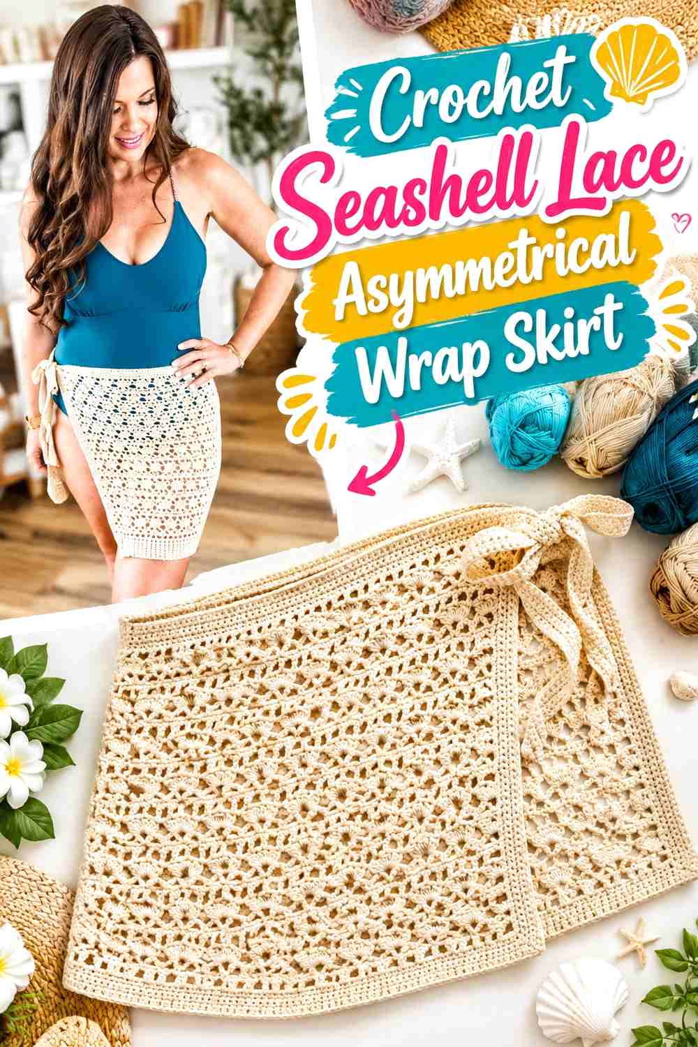 7. Crochet Seashell Lace Asymmetrical Wrap Skirt