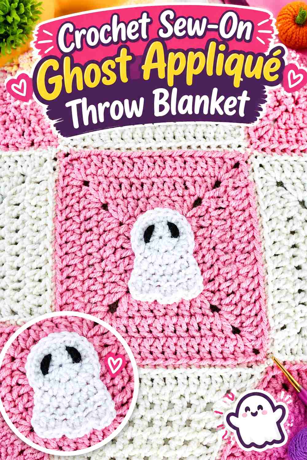 7. Crochet Sew-On Ghost Appliqué Throw Blanket