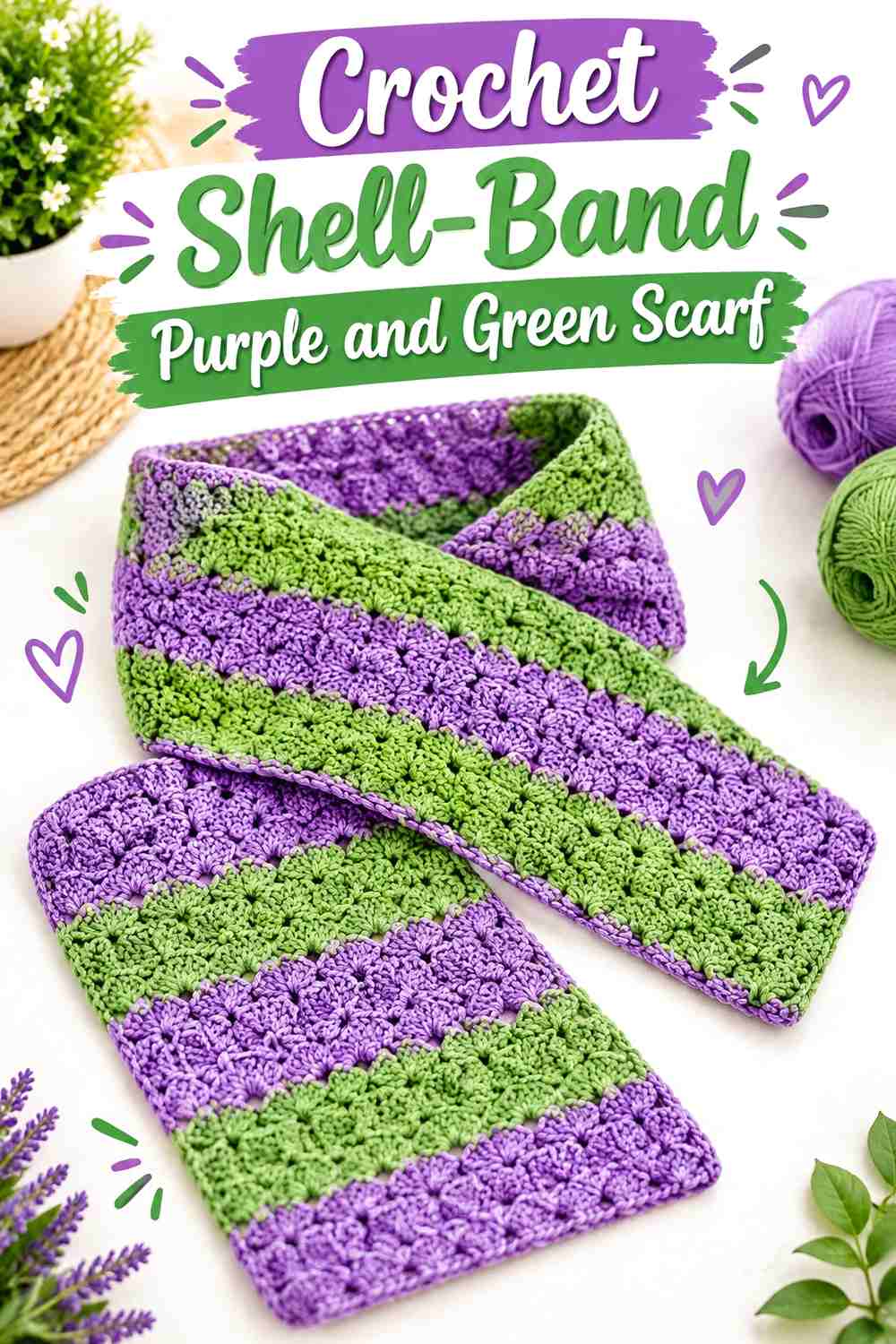 9. Crochet Shell-Band Purple and Green Scarf