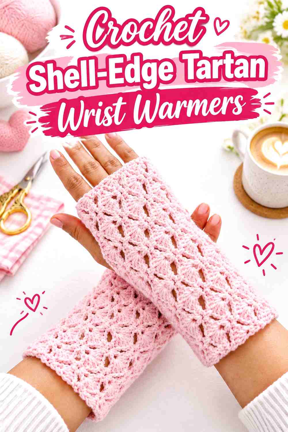 12. Crochet Shell-Edge Tartan Wrist Warmers