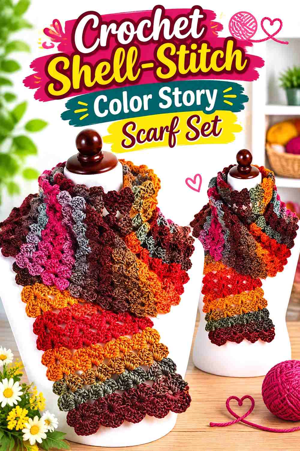 4. Crochet Shell-Stitch Color Story Scarf Set