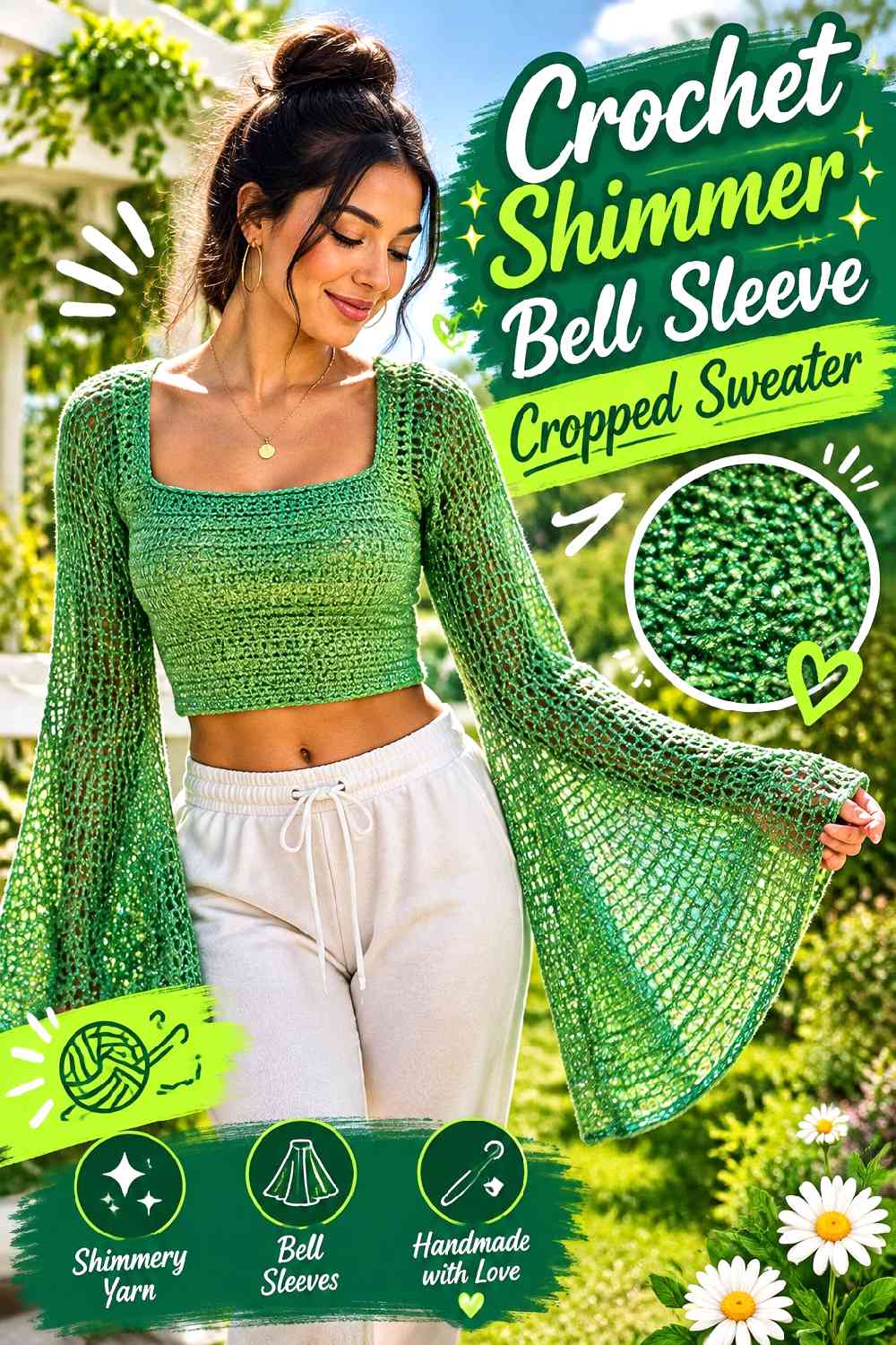 4. Crochet Shimmer Bell Sleeve Cropped Sweater