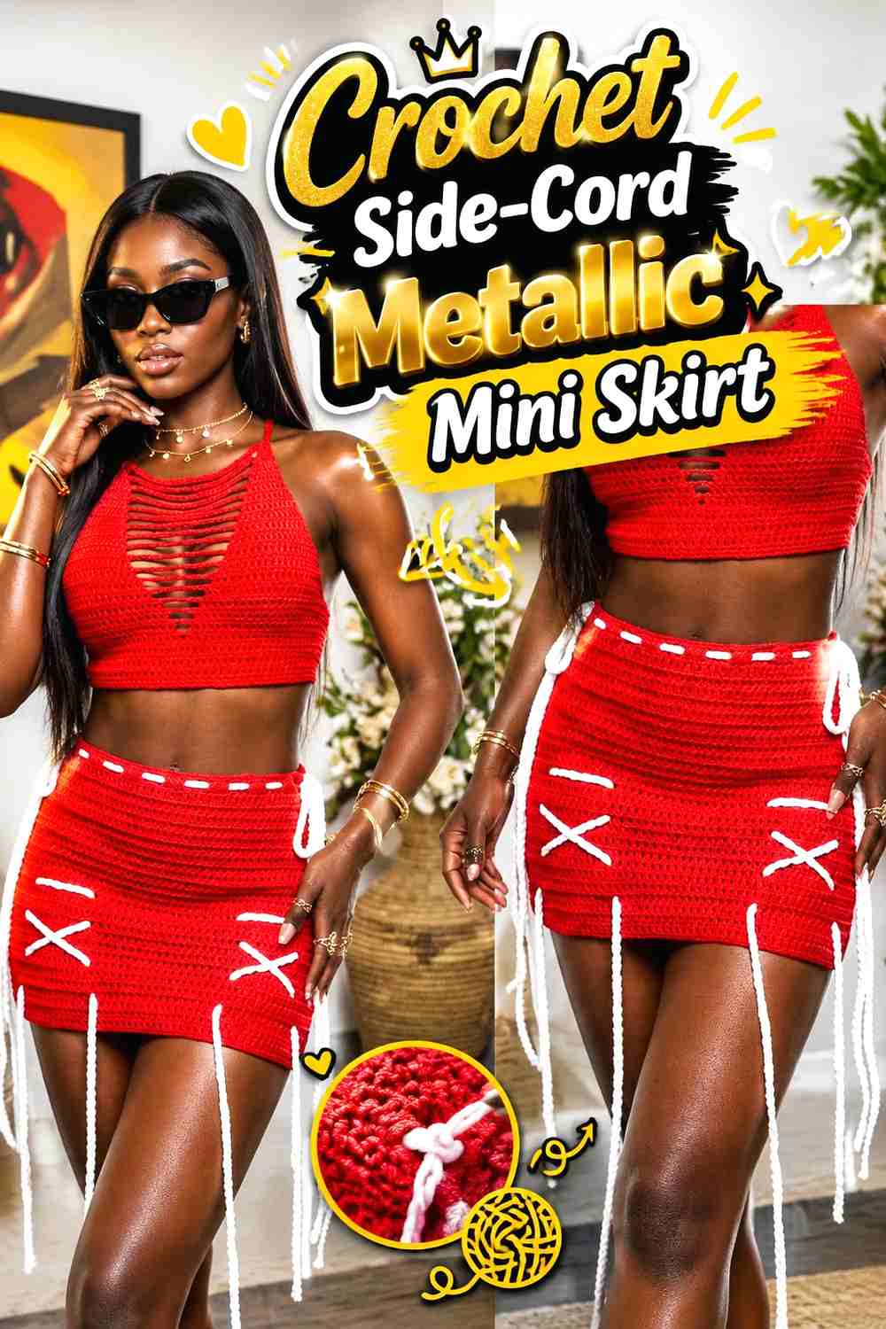 5. Crochet Side-Cord Metallic Mini Skirt