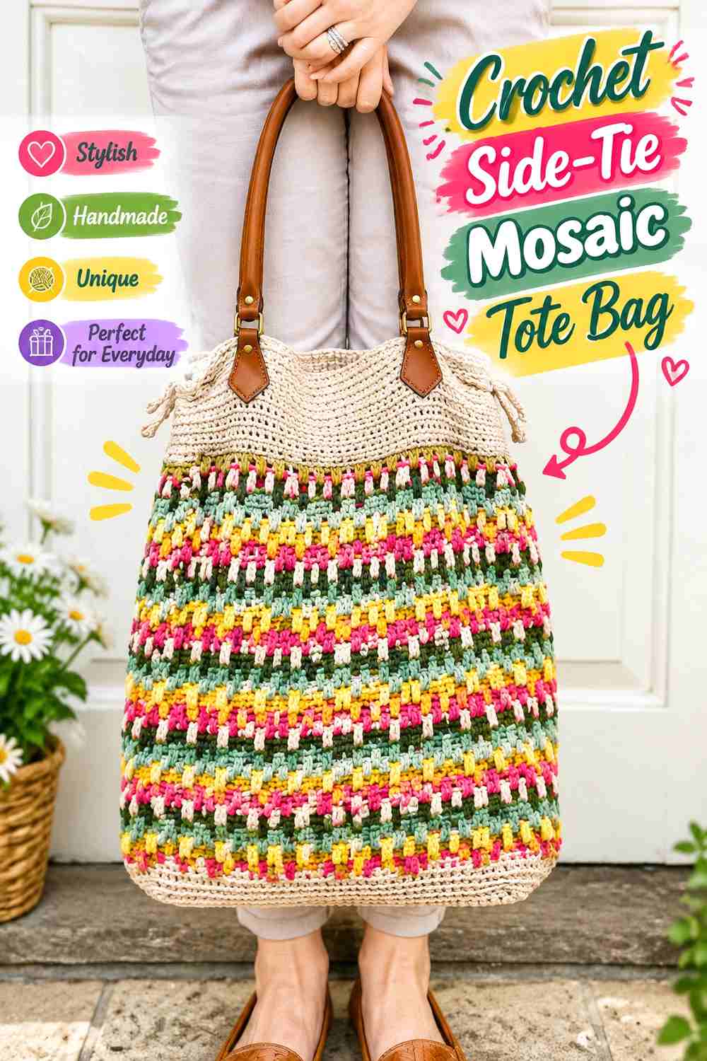 3. Crochet Side-Tie Mosaic Tote Bag