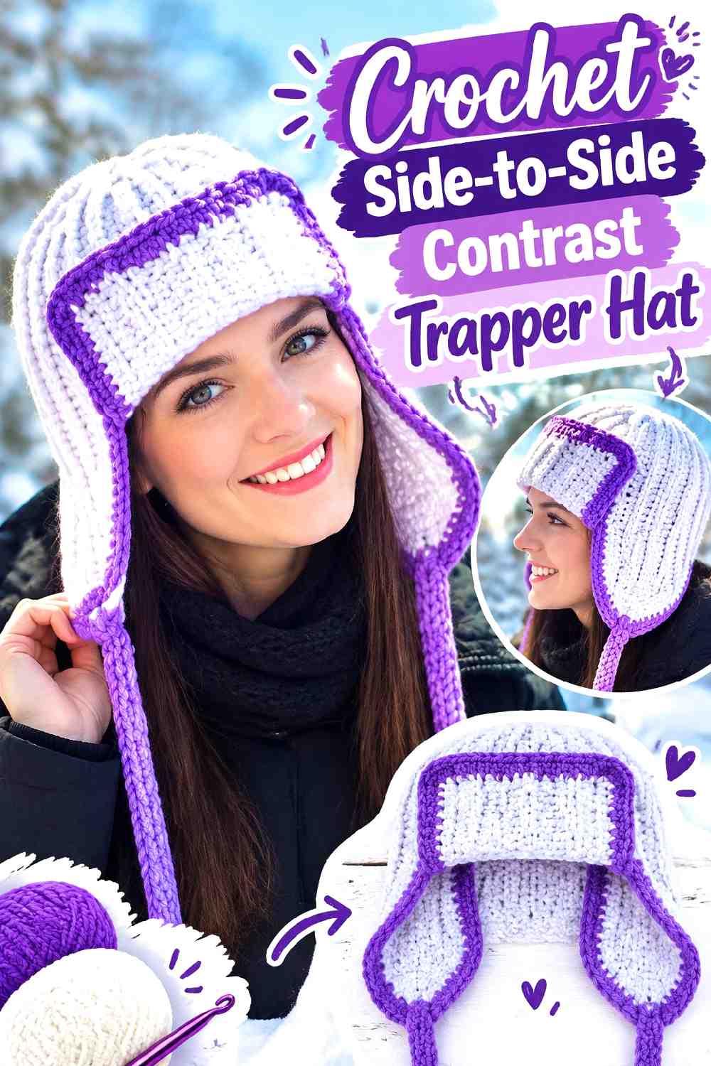 3. Crochet Side To Side Contrast Trapper Hat