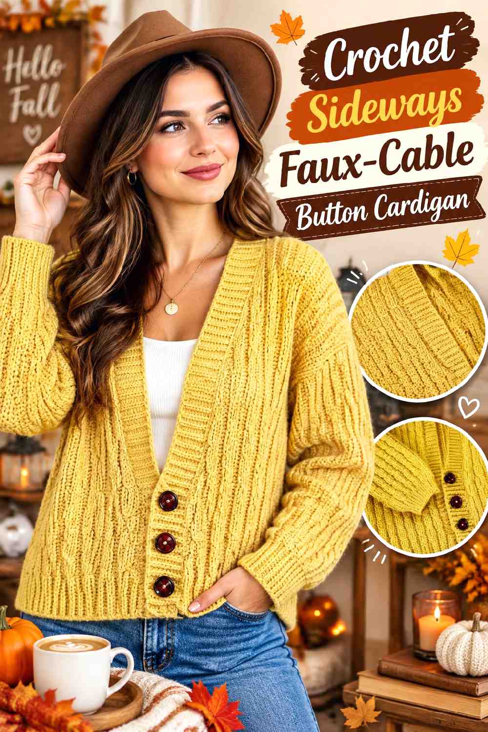 4. Crochet Sideways Faux Cable Button Cardigan