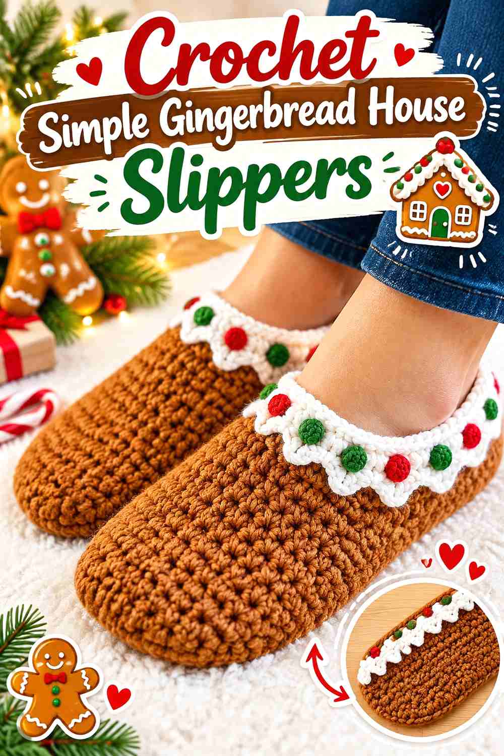 10. Crochet Simple Gingerbread House Slippers