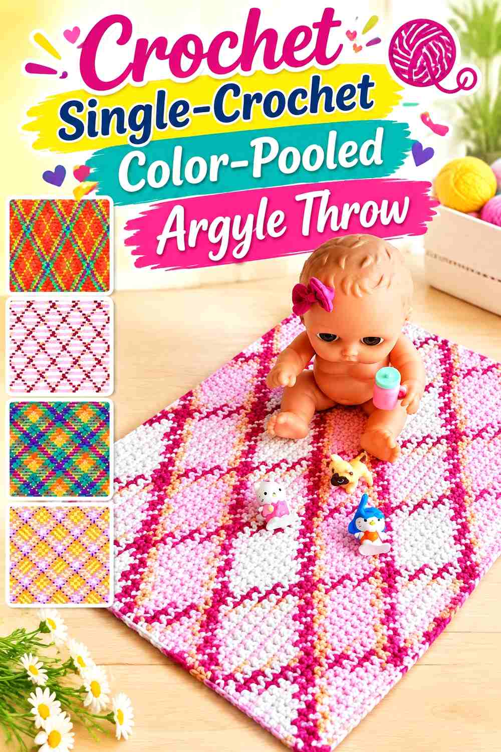 3. Crochet Single-Crochet Color-Pooled Argyle Throw