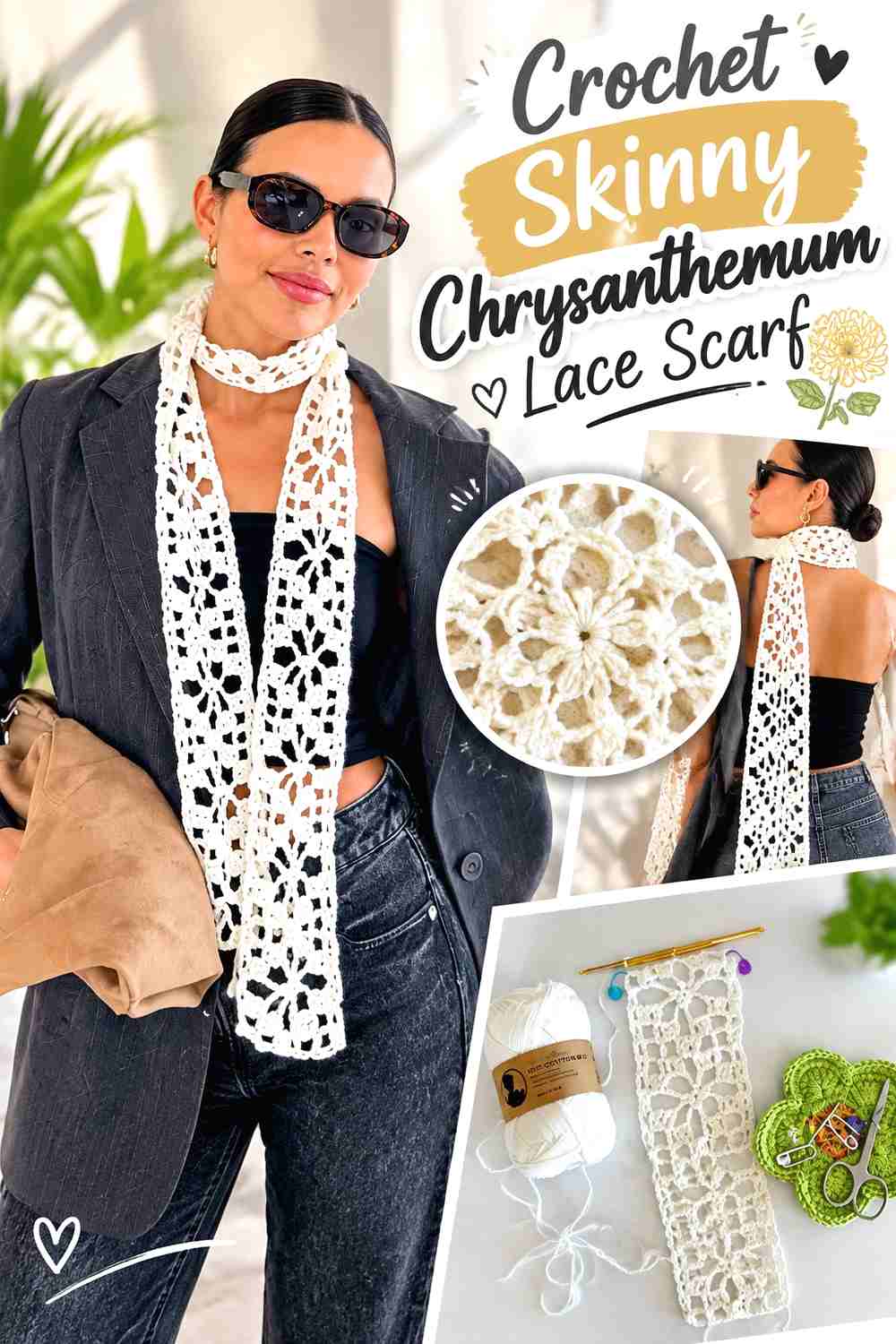 14. Crochet Skinny Chrysanthemum Lace Scarf