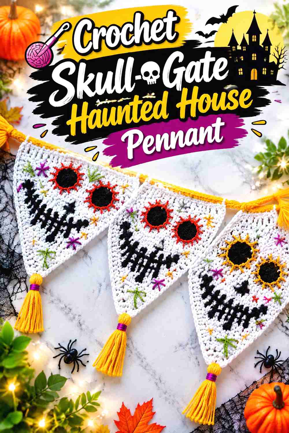 7. Crochet Skull Gate Haunted House Pennant