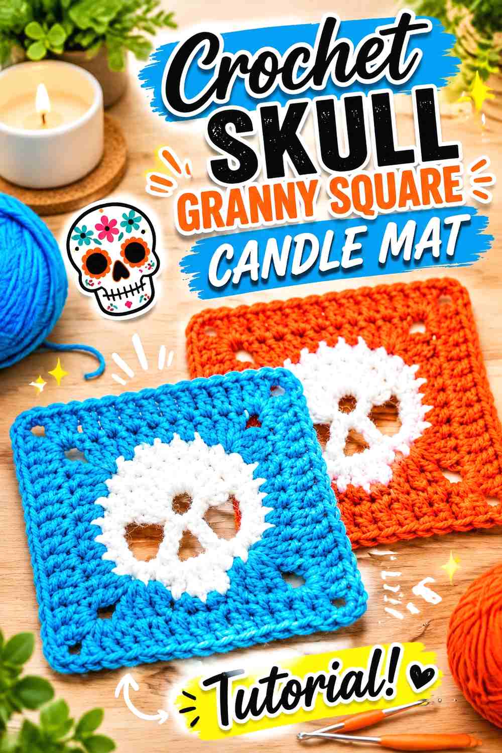 Crochet Skull Granny Square Candle Mat