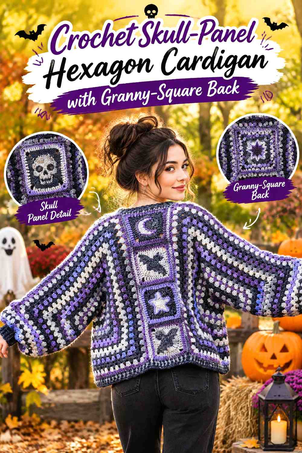Crochet Skull Panel Hexagon Cardigan with Granny Square Back