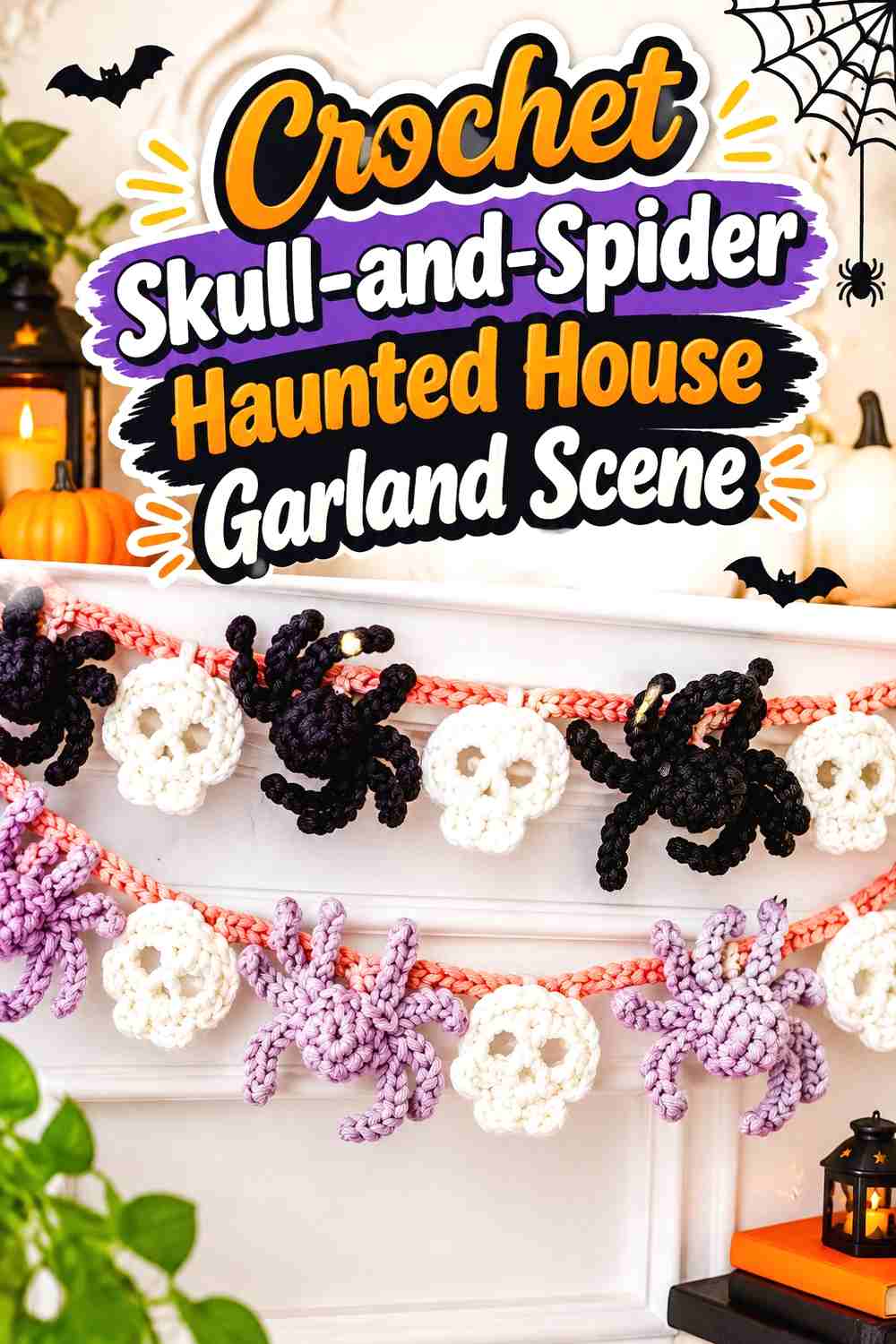 9. Crochet Skull And Spider Haunted House Garland Scene