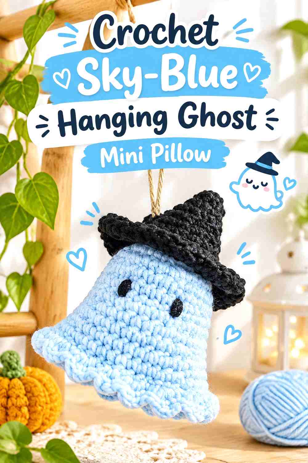 12. Crochet Sky-Blue Hanging Ghost Mini Pillow