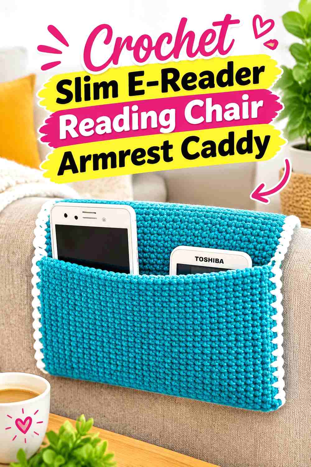 12. Crochet Slim E-Reader Reading Chair Armrest Caddy