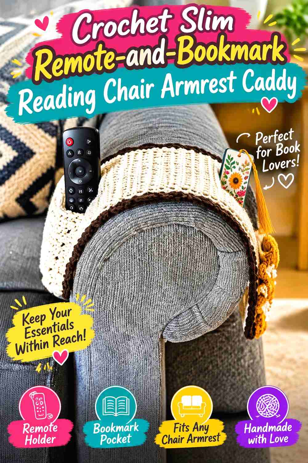 3. Crochet Slim Remote-and-Bookmark Reading Chair Armrest Caddy