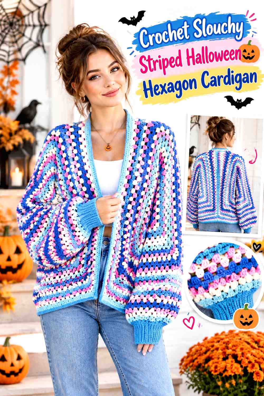 Crochet Slouchy Striped Halloween Hexagon Cardigan