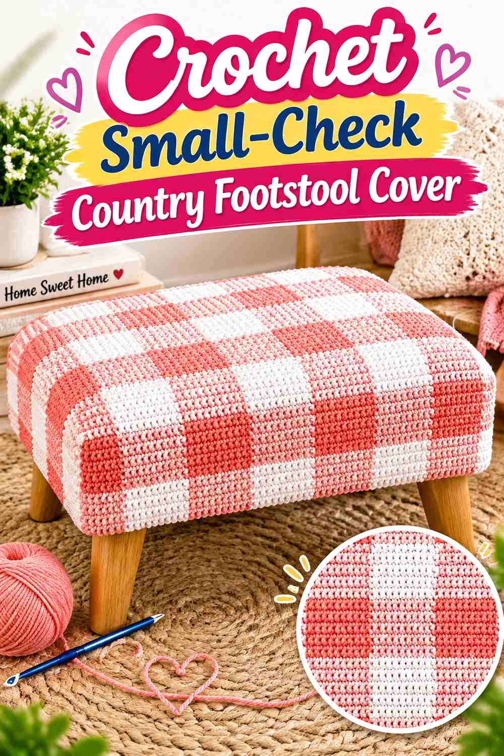 7. Crochet Small-Check Country Footstool Cover