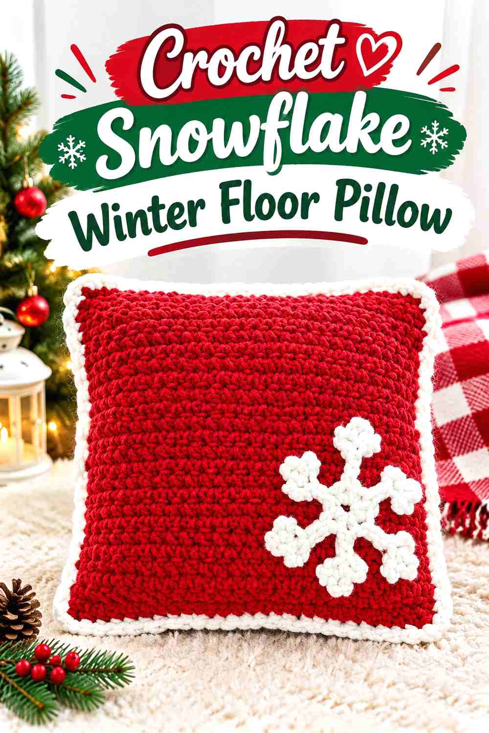 16. Crochet Snowflake Winter Floor Pillow