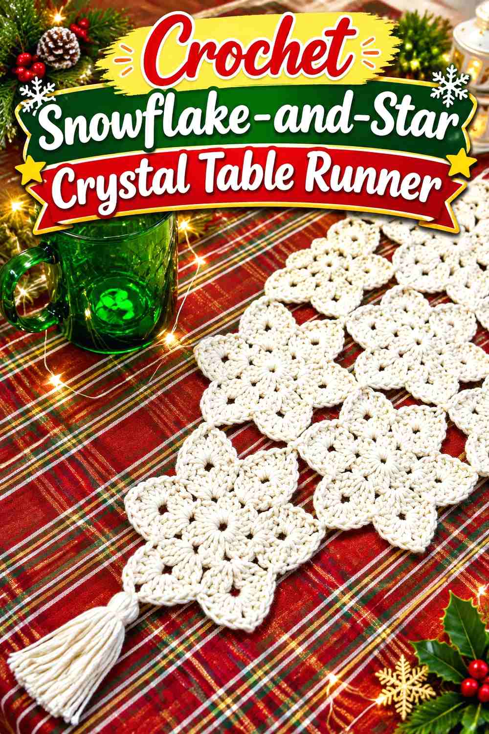 6. Crochet Snowflake-and-Star Crystal Table Runner
