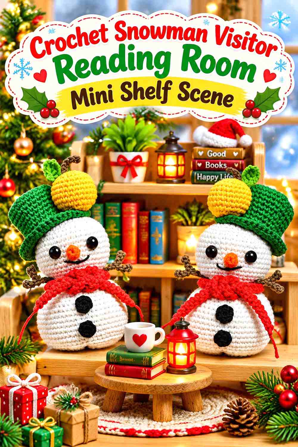 11. Crochet Snowman Visitor Reading Room Mini Shelf Scene