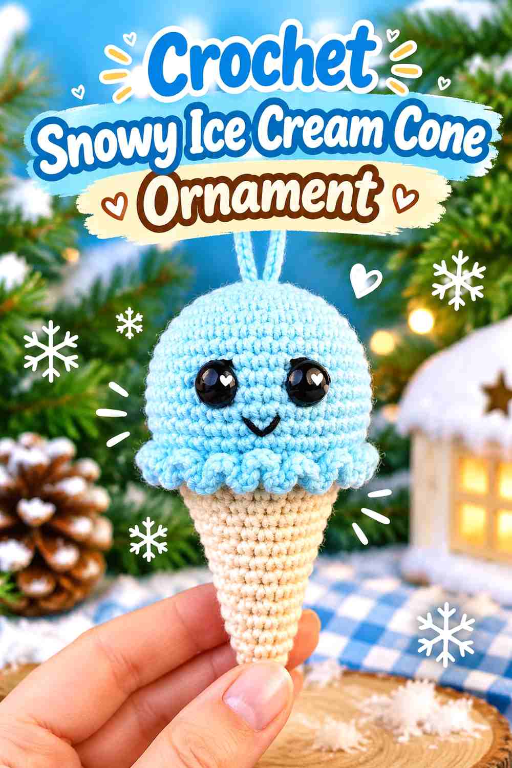 10. Crochet Snowy Ice Cream Cone Ornament
