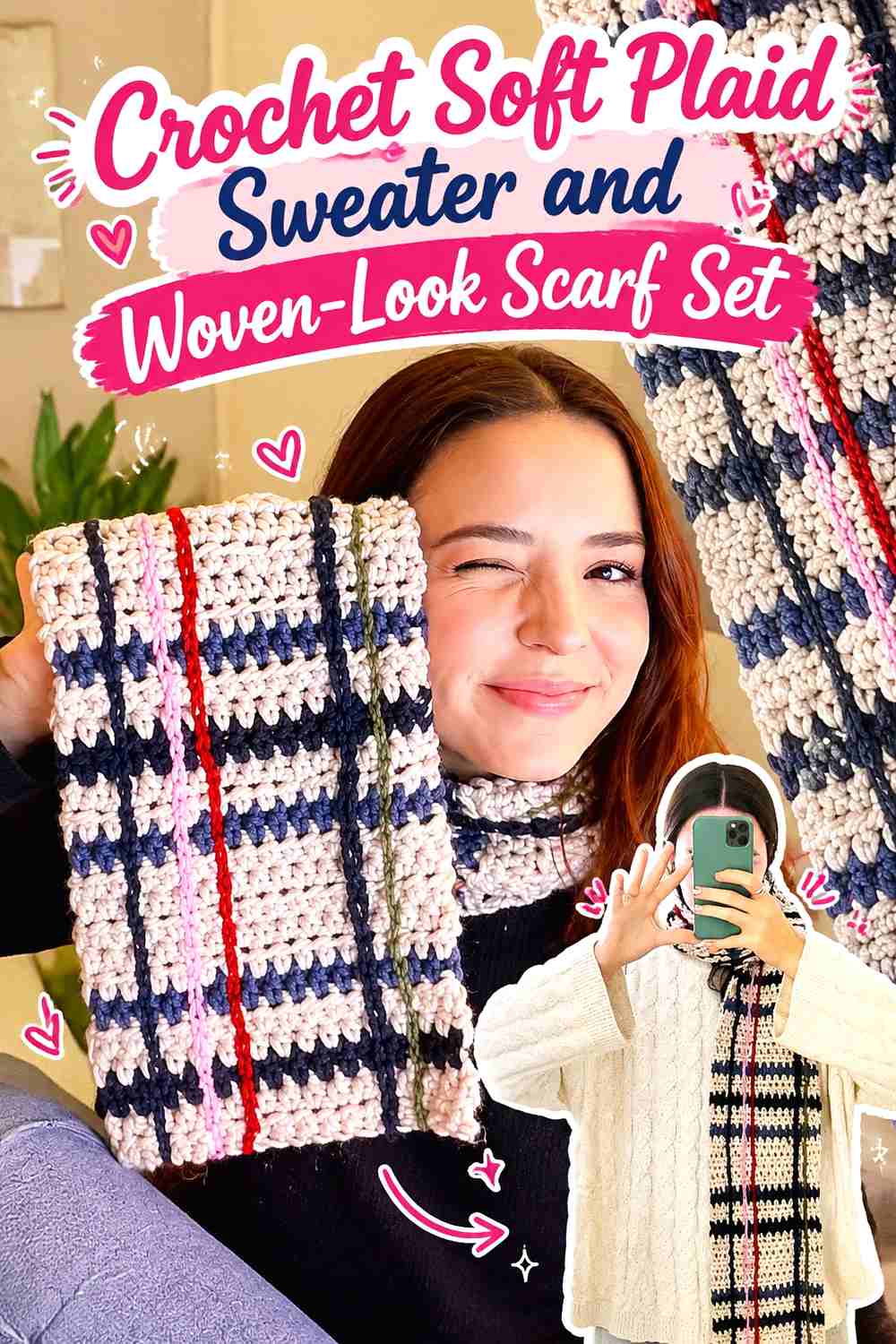 11. Crochet Soft Plaid Sweater and Woven-Look Scarf Set
