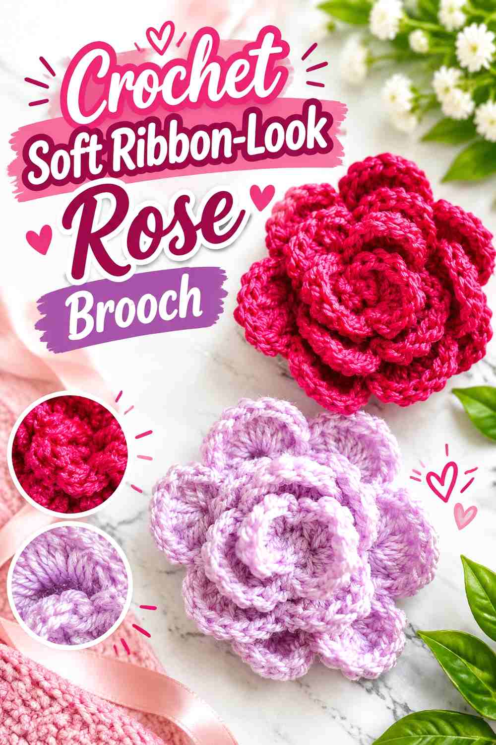 9. Crochet Soft Ribbon-Look Rose Brooch