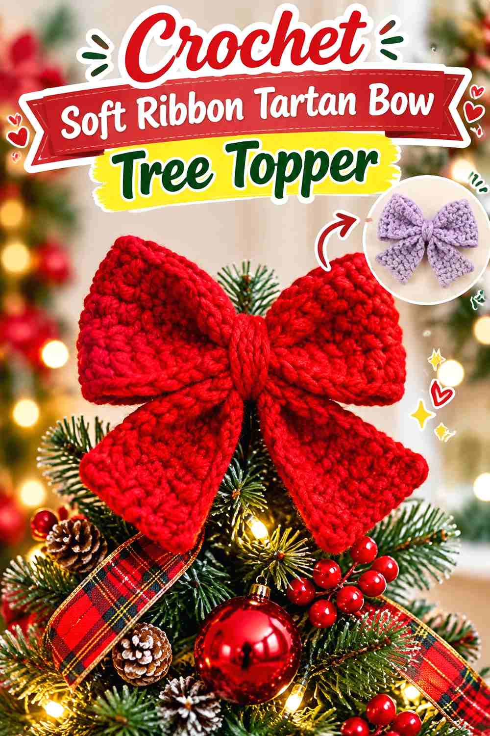 14. Crochet Soft Ribbon Tartan Bow Tree Topper
