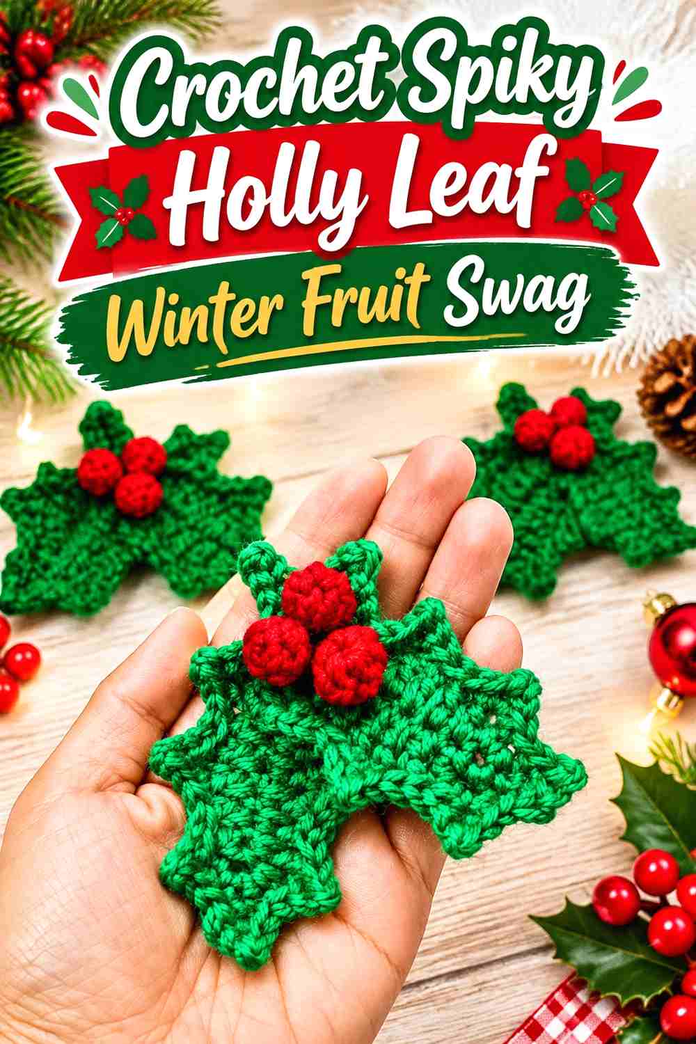 15. Crochet Spiky Holly Leaf Winter Fruit Swag