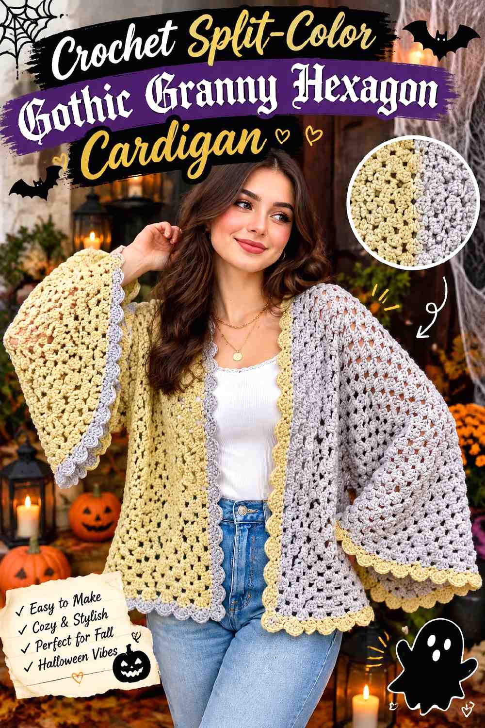 Crochet Split Color Gothic Granny Hexagon Cardigan