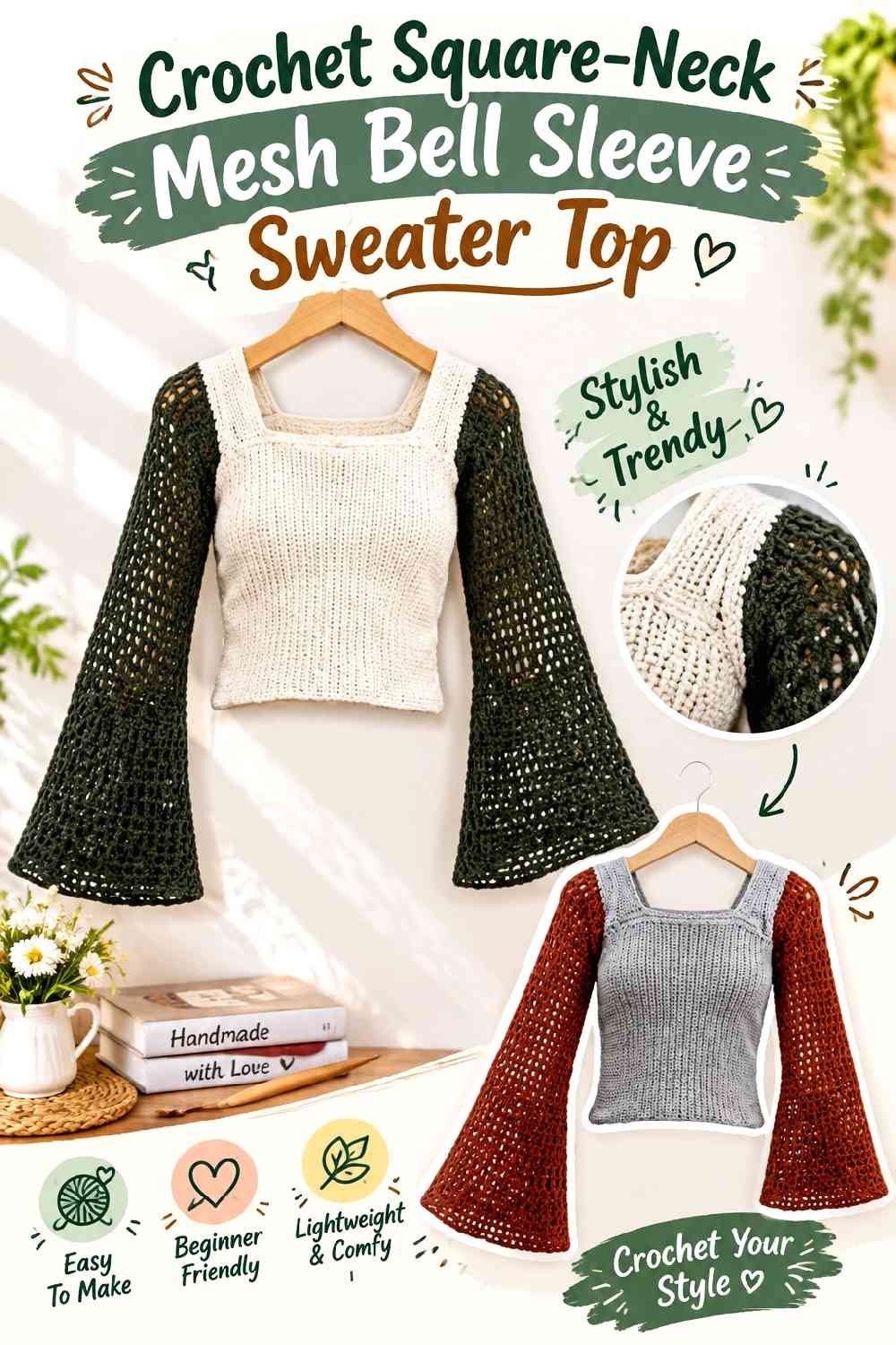 12. Crochet Square-Neck Mesh Bell Sleeve Sweater Top