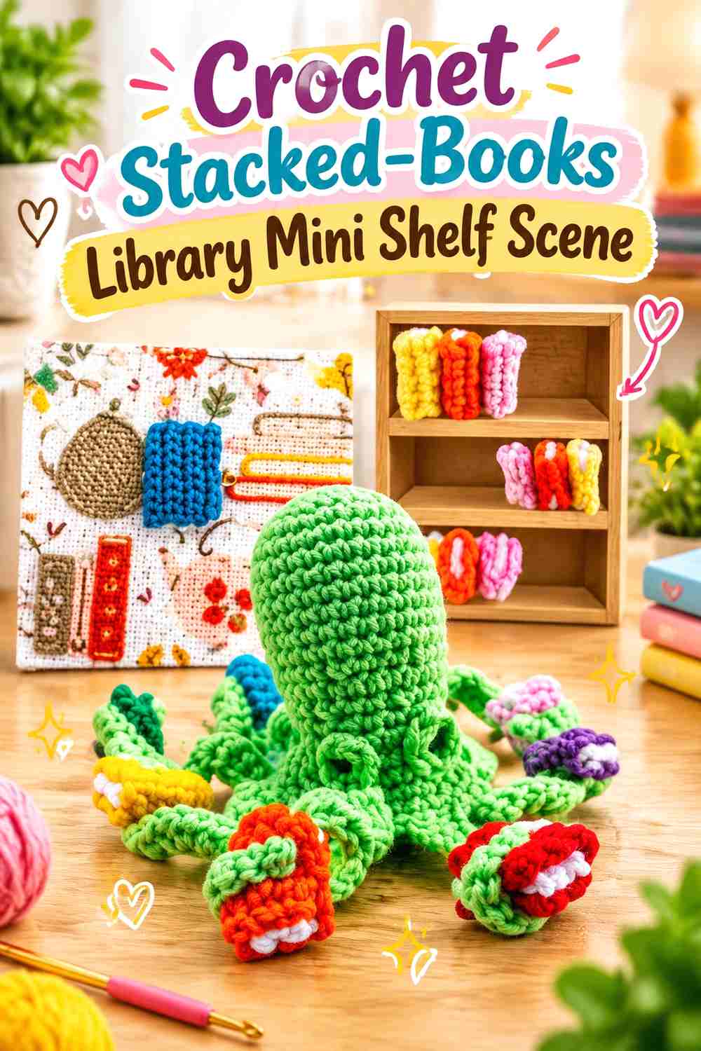 2. Crochet Stacked-Books Library Mini Shelf Scene