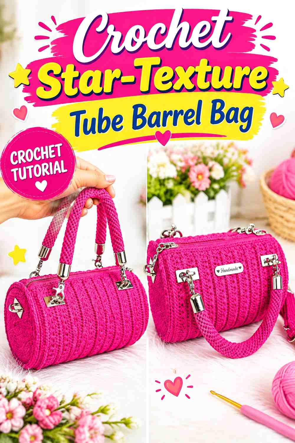 8. Crochet Star-Texture Tube Barrel Bag