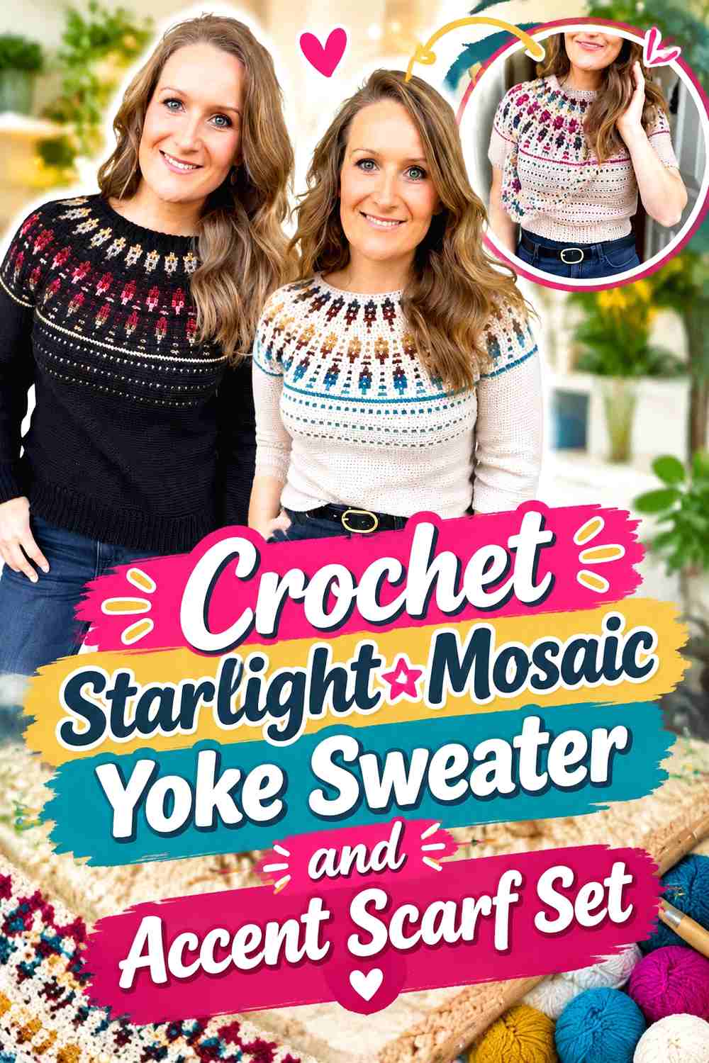6. Crochet Starlight Mosaic Yoke Sweater and Accent Scarf Set