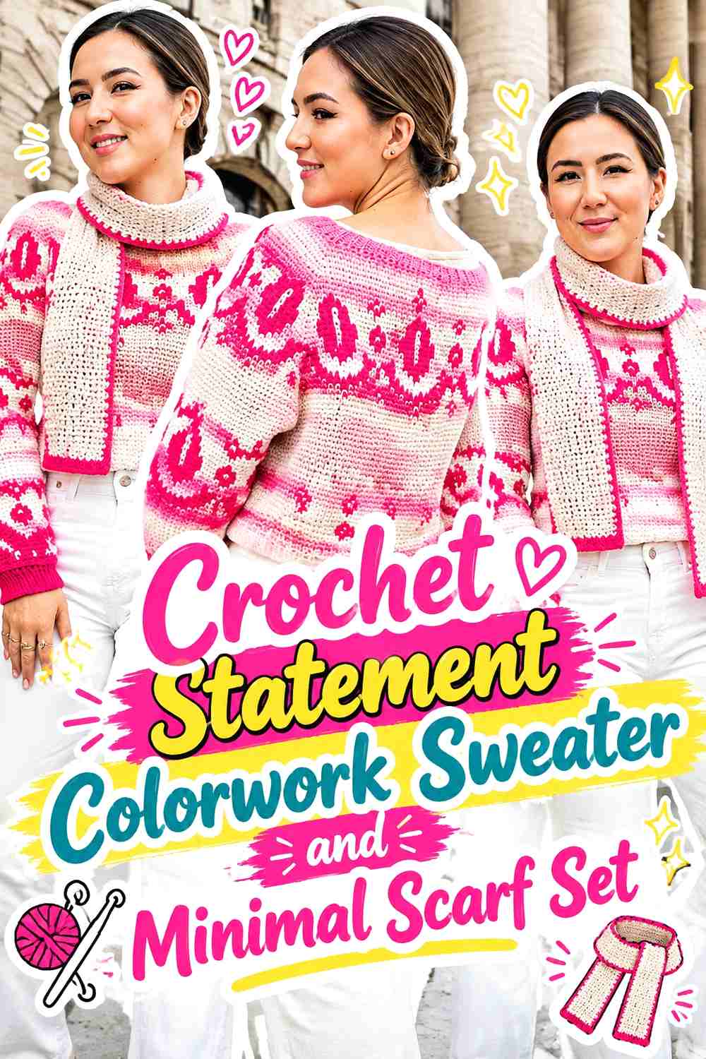 4. Crochet Statement Colorwork Sweater and Minimal Scarf Set
