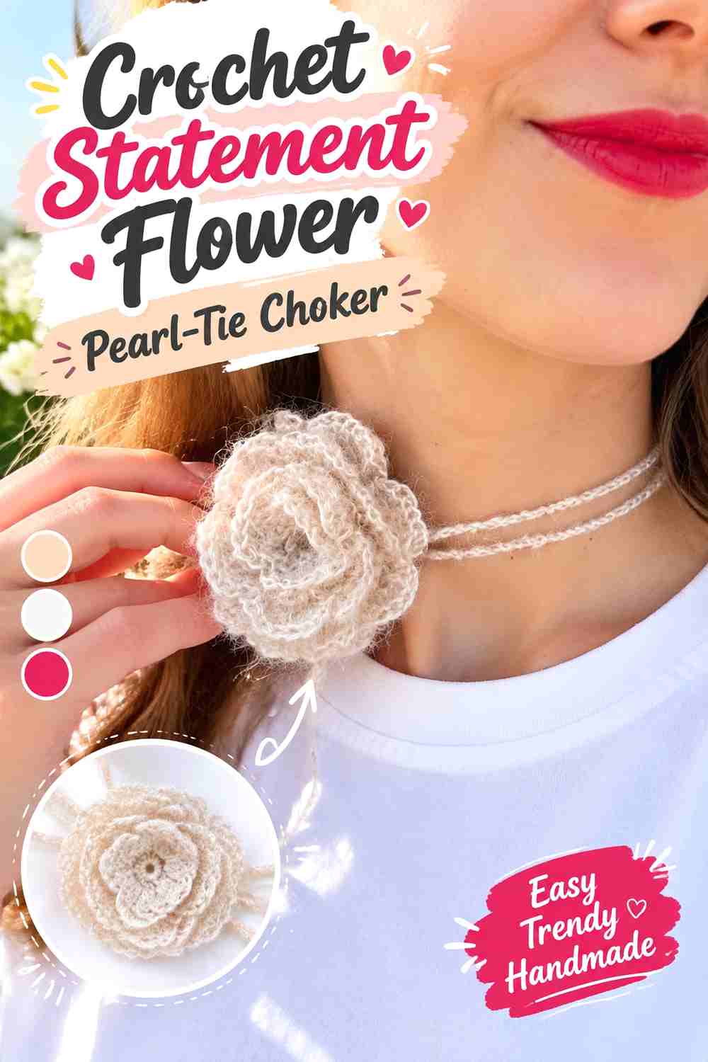 8. Crochet Statement Flower Pearl Tie Choker
