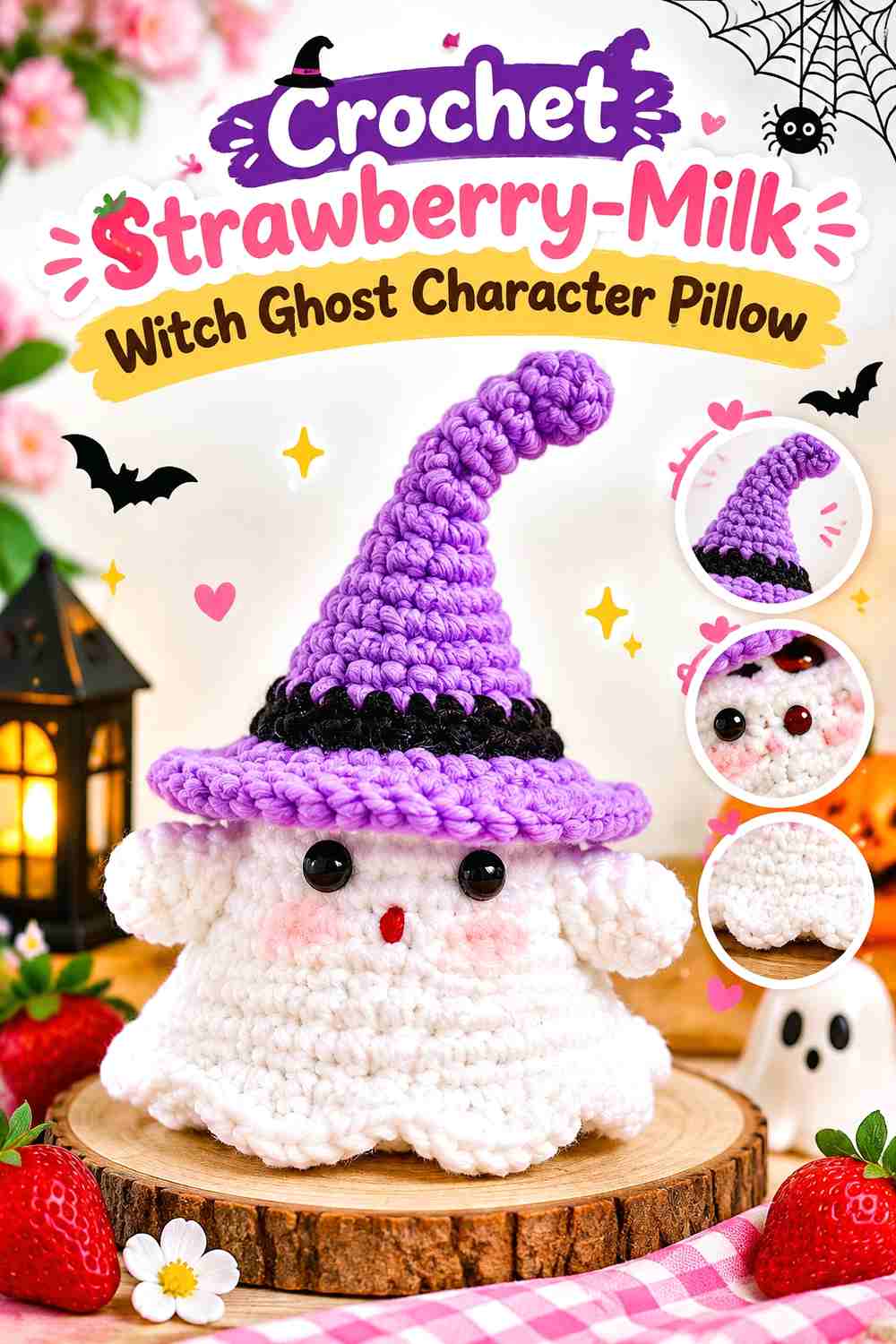 10. Crochet Strawberry-Milk Witch Ghost Character Pillow