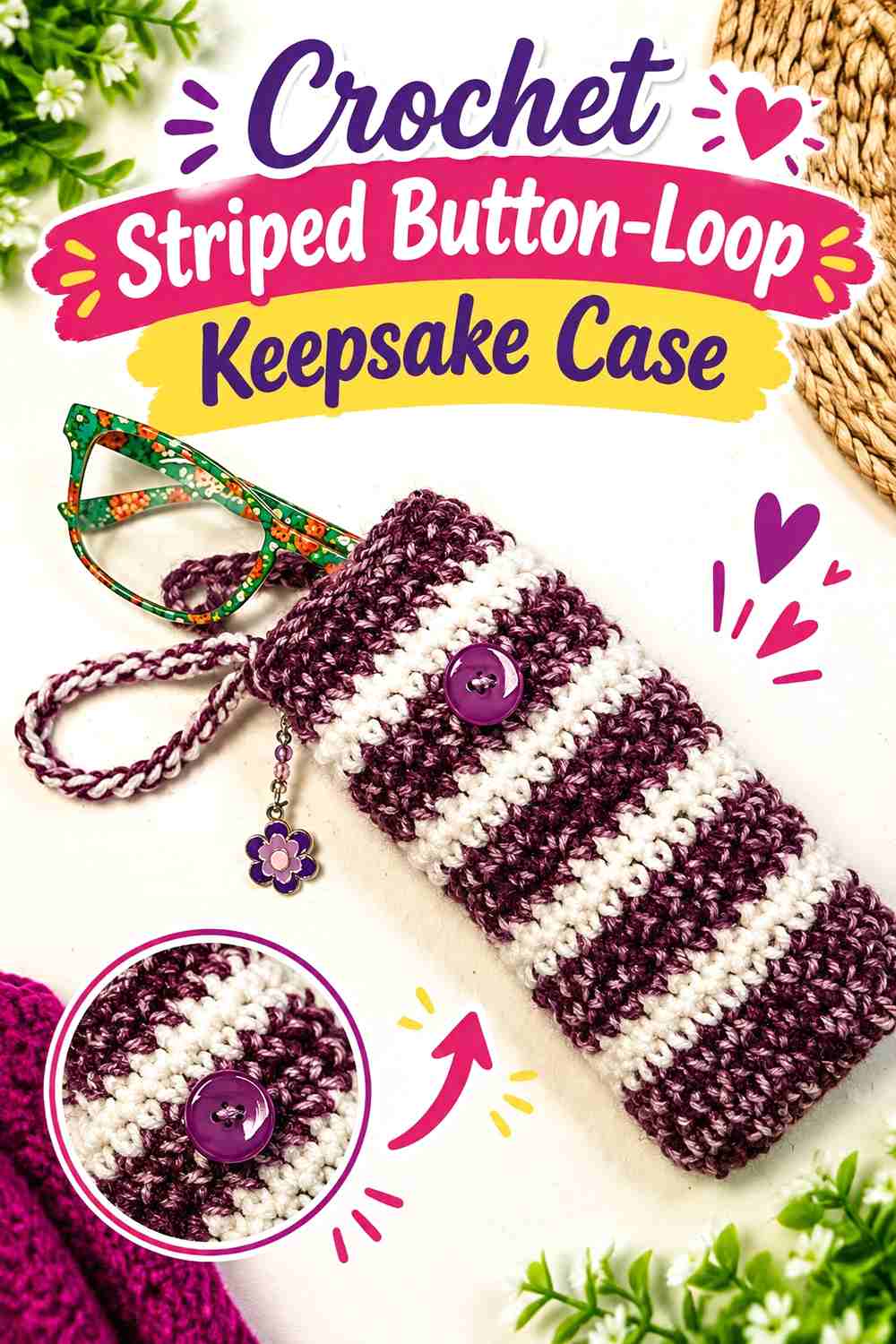 9. Crochet Striped Button-Loop Keepsake Case